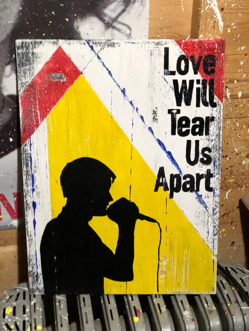 Love will tear us apart - Ian Curtis painted on wood 40 x 30 cms 