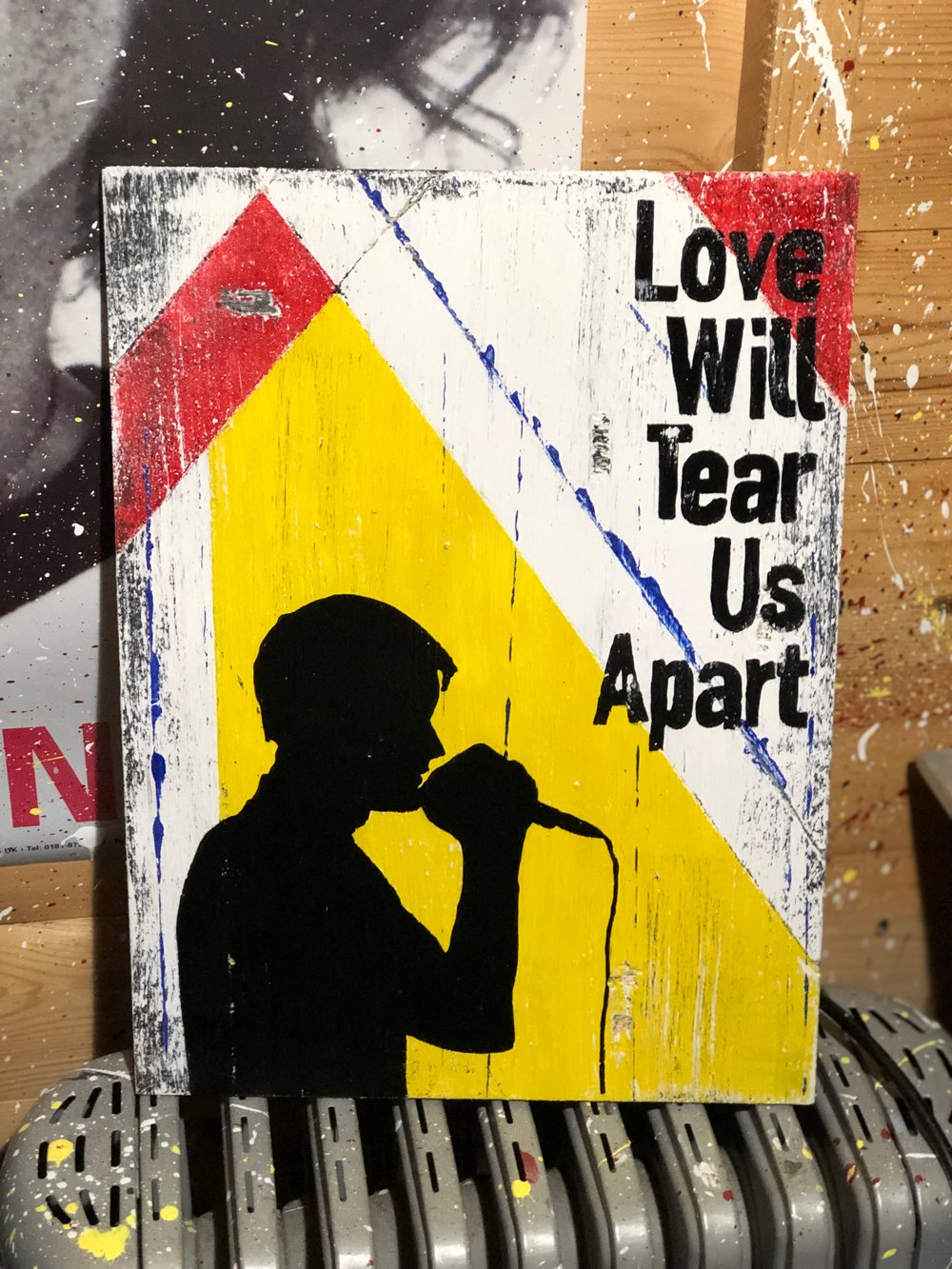 Love will tear us apart - Ian Curtis painted on wood 40 x 30 cms 