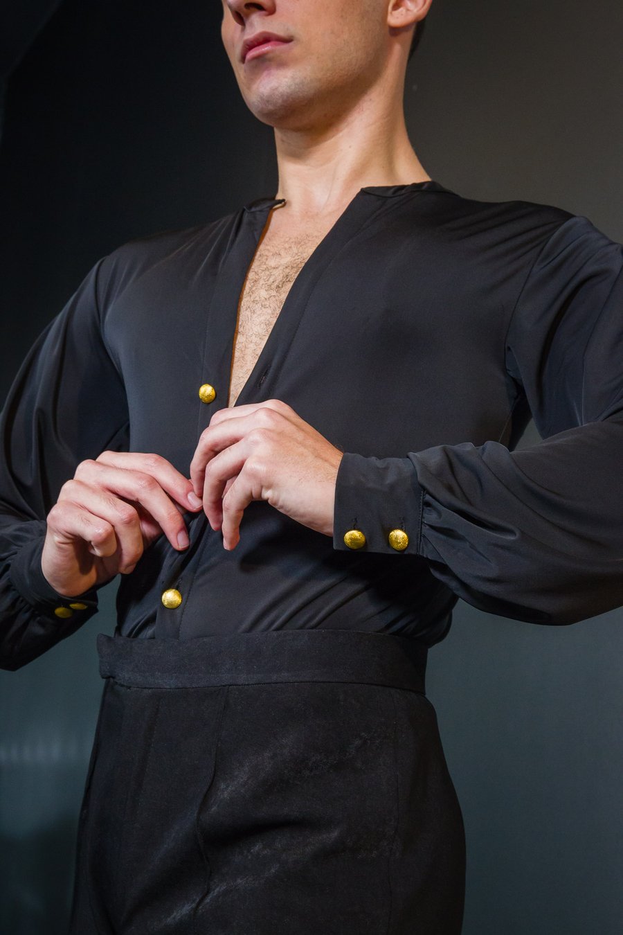 Image of Collarless Latin Shirt BLACK H5925  Dancewear latin ballroom