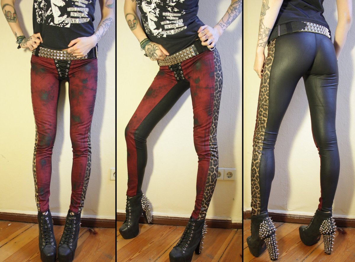 Image of Stained red denim/leopard/fauxleather pants