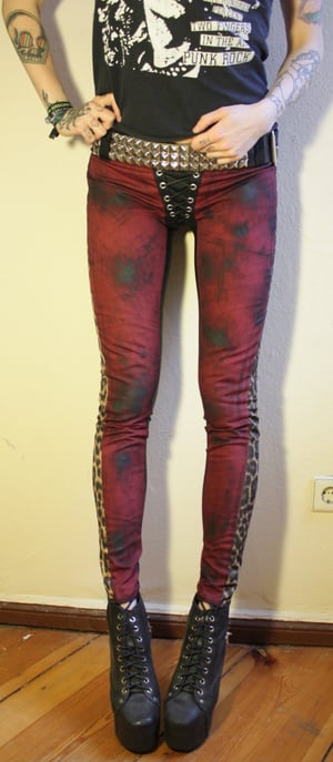 Image of Stained red denim/leopard/fauxleather pants