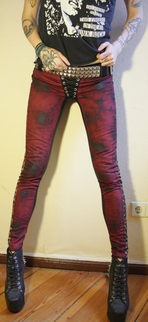 Image of Stained red denim/leopard/fauxleather pants