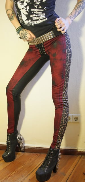 Image of Stained red denim/leopard/fauxleather pants