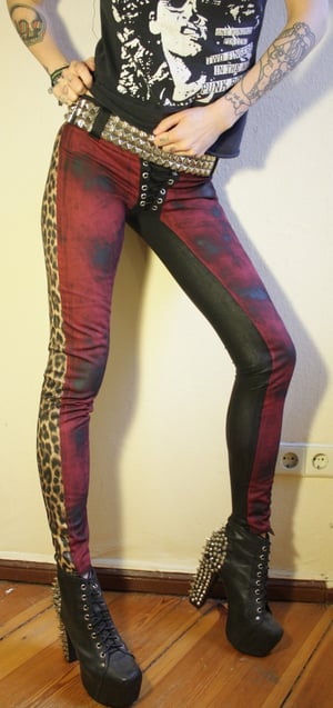 Image of Stained red denim/leopard/fauxleather pants