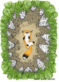 Happy Fox in Birch trees colour print