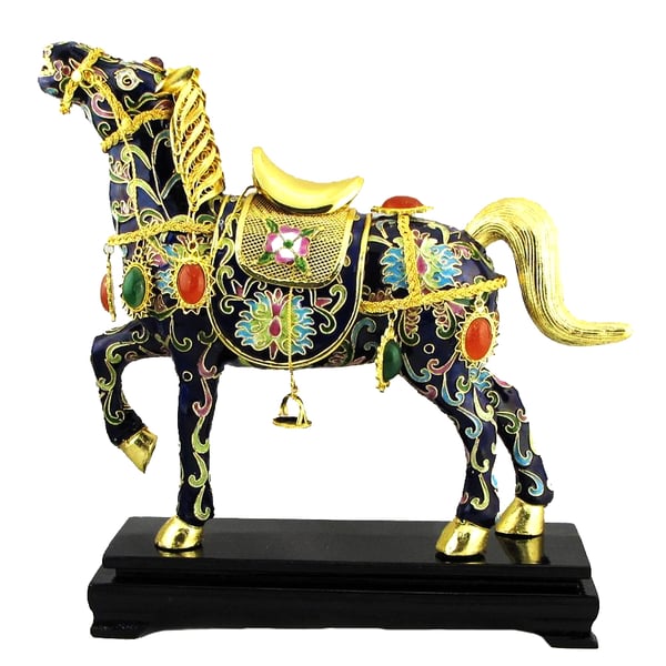Image of VINTAGE CHINESE CLOISONNE HORSE FIGURE WITH GEMS: BLUE