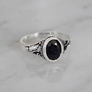 Image of Dark Blue Sapphire oval cut vintage style silver ring