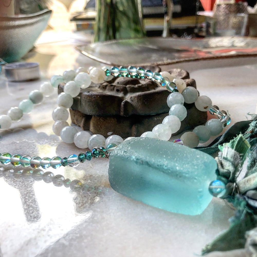 Image of Water Healing/Aquamarine and Hand Dyed Silk Necklace and Earring Set