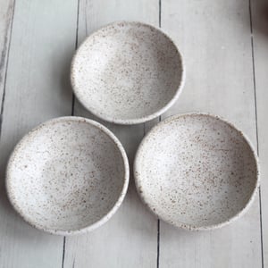 Image of Small Ceramic Bowls, Set of Three Speckled White Pottery Bowls, Made in USA