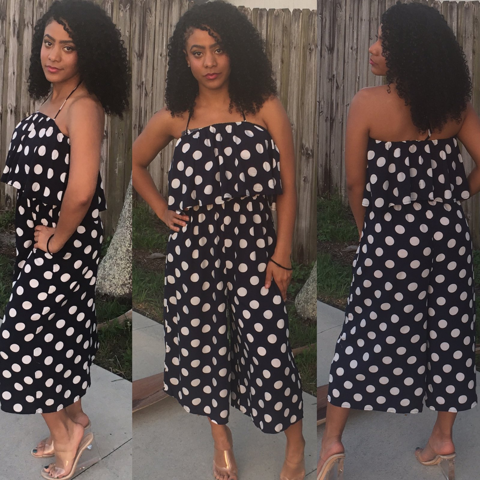 navy and white spotted jumpsuit