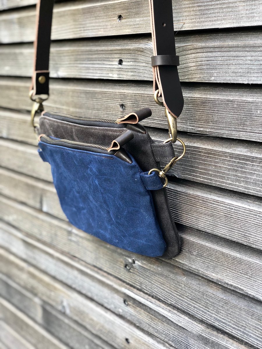 Image of Waxed canvas day bag / small messenger bag/ kangaroo bag with waxed leather shoulder strap