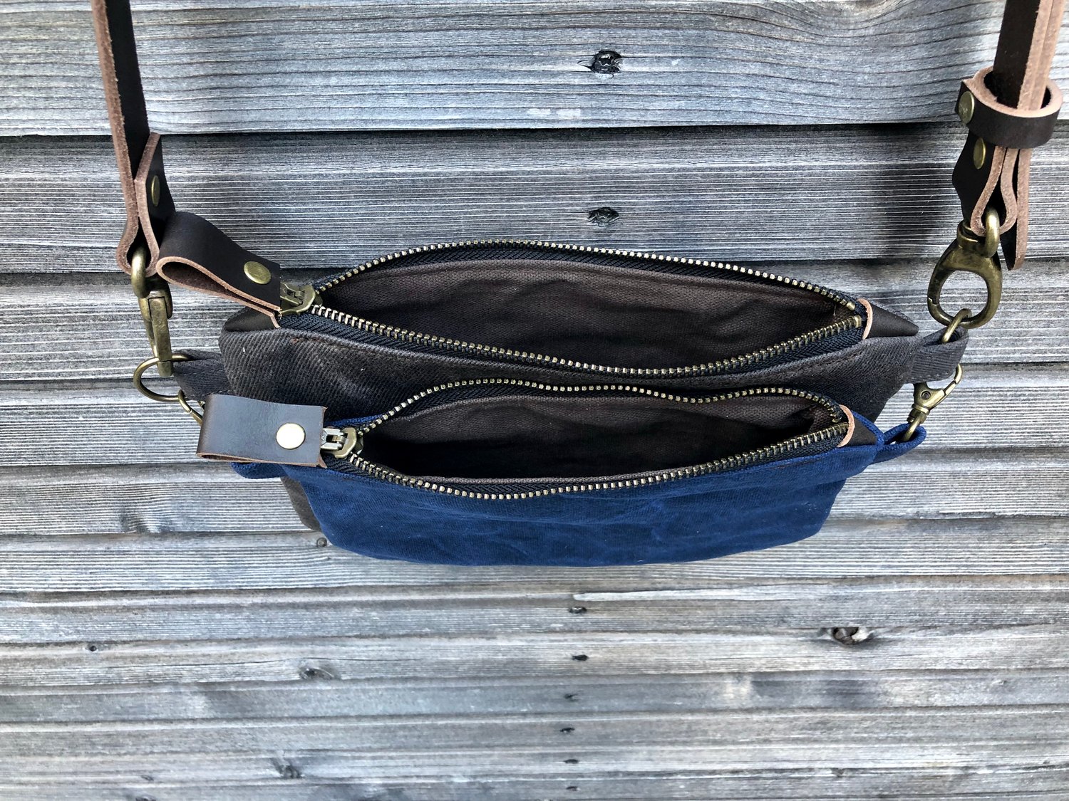 Image of Waxed canvas day bag / small messenger bag/ kangaroo bag with waxed leather shoulder strap