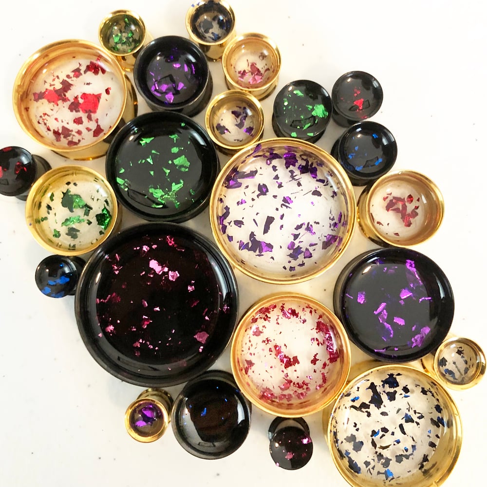 Image of Colored Metal Flake Plugs (sizes 0g-2")