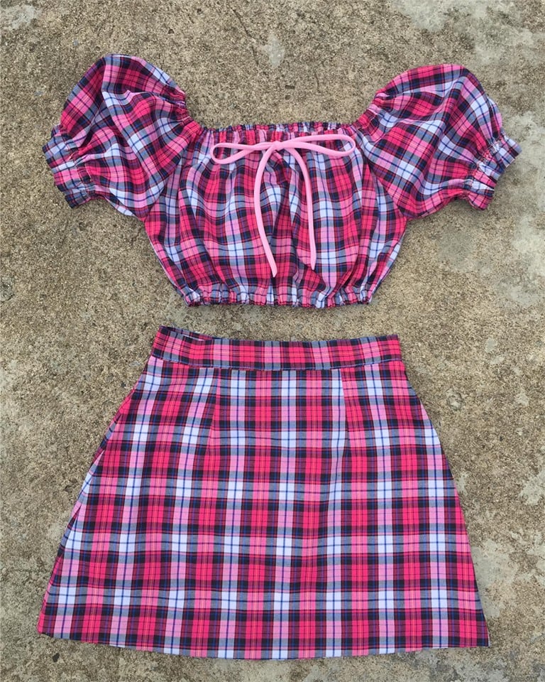 Image of Sophie Off Shoulder Set in Hot Pink Tartan