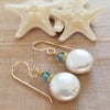 White Coin Pearl Earrings (Gold)