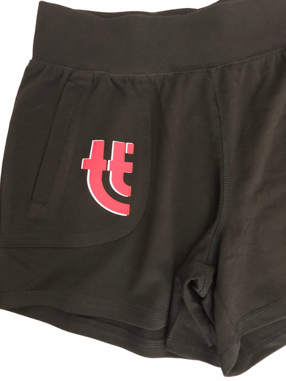 Image of Ladies TTE Black shorts w/ Black & Red Print