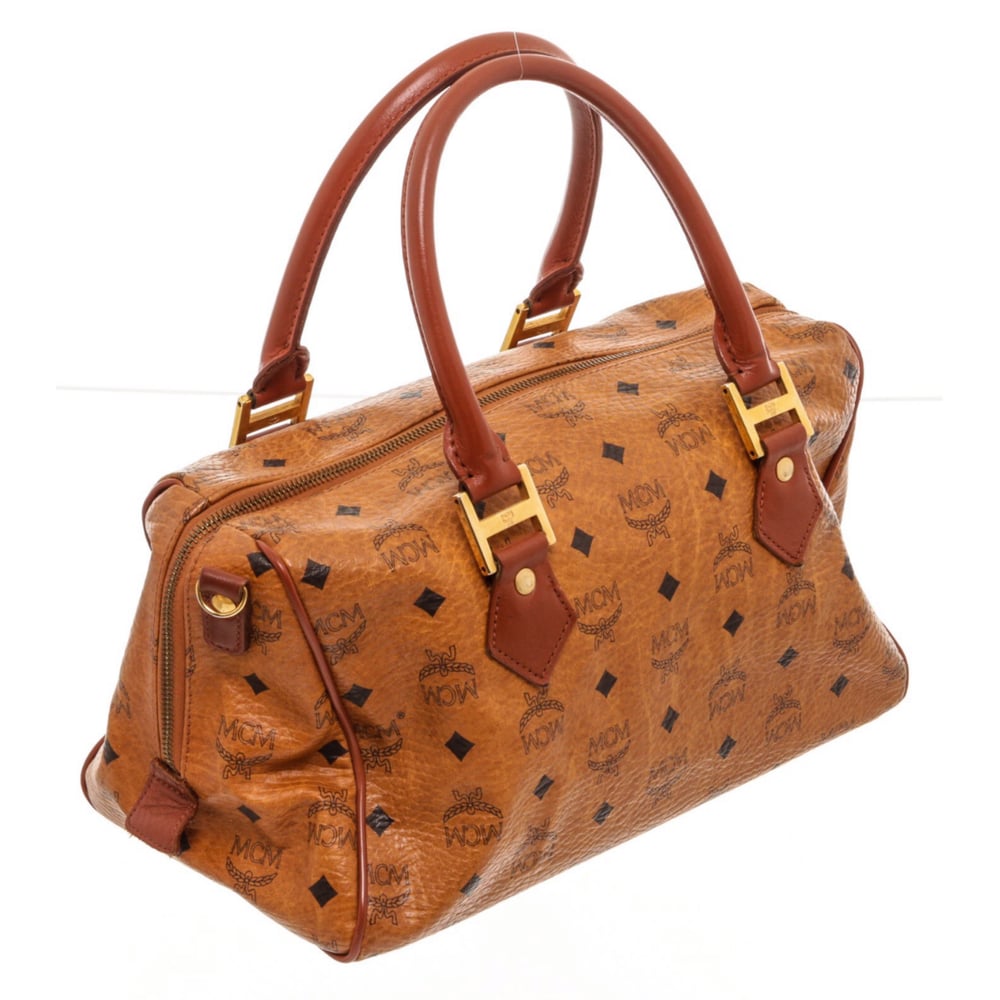 Image of MCM Tan Cognac Visetos Brown Leather Trim Vintage Boston Bag