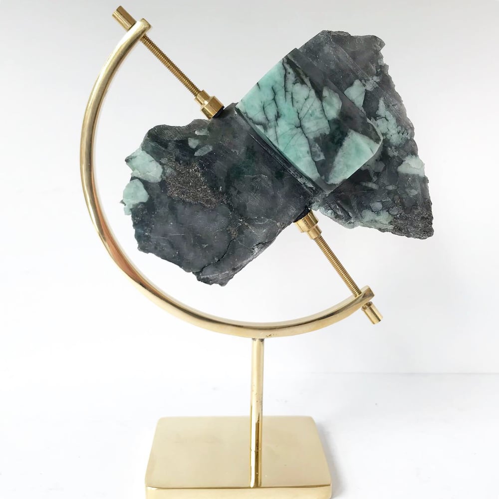 Image of Polished Rough Emerald no.55 + Brass Arc Stand