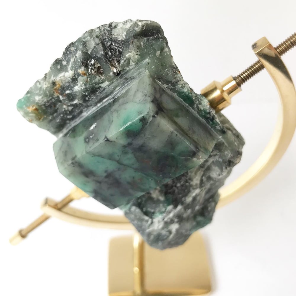 Image of Polished Rough Emerald no.25 + Brass Arc Stand