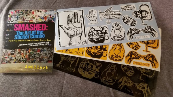 Image of Sheet of 11 iwillnot stickers and 1 "Smashed" Postcard