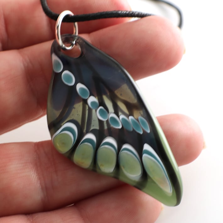 Cloudy Blues and Greens Glass Butterfly Wing Pendant