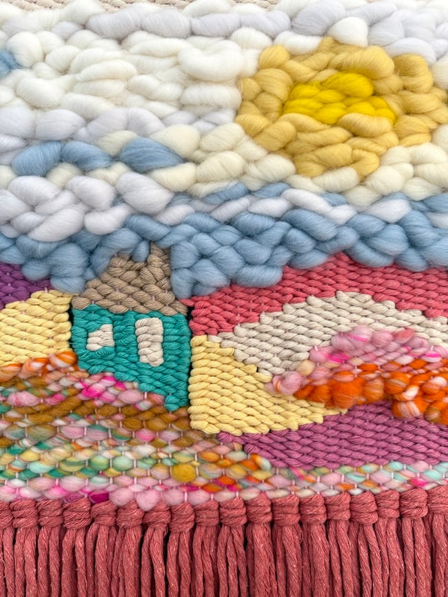 Little blue house & the rainbow mountains. Woven wall hanging.