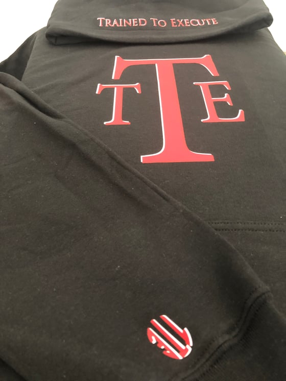 Image of Trained To Execute Black Hoodie W/ Red & White print 