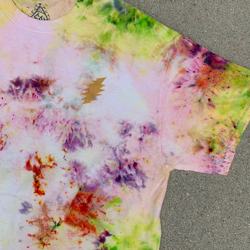 Image of let it shine!! hand dyed and printed t-shirt with gold stealie front print