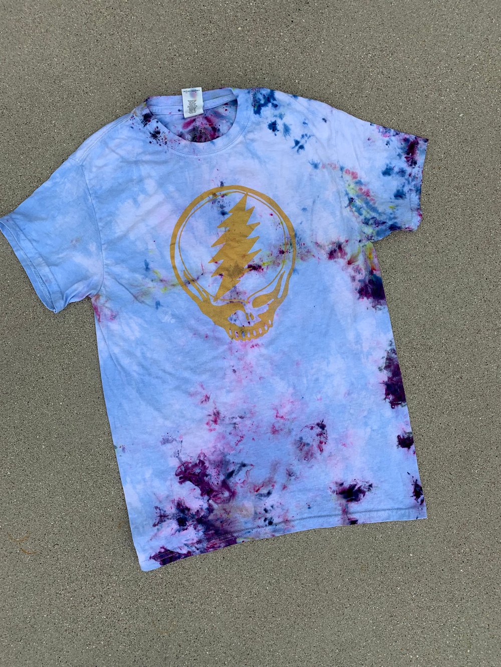 Image of let it shine!! hand dyed and printed t-shirt with gold stealie front print