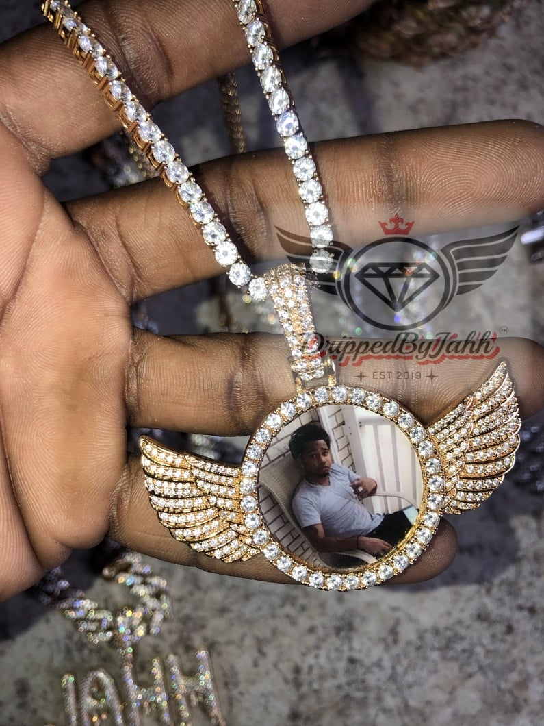 Image of Fully Iced Custom Angel Wings Photo Pendant W/ Custom Engravng