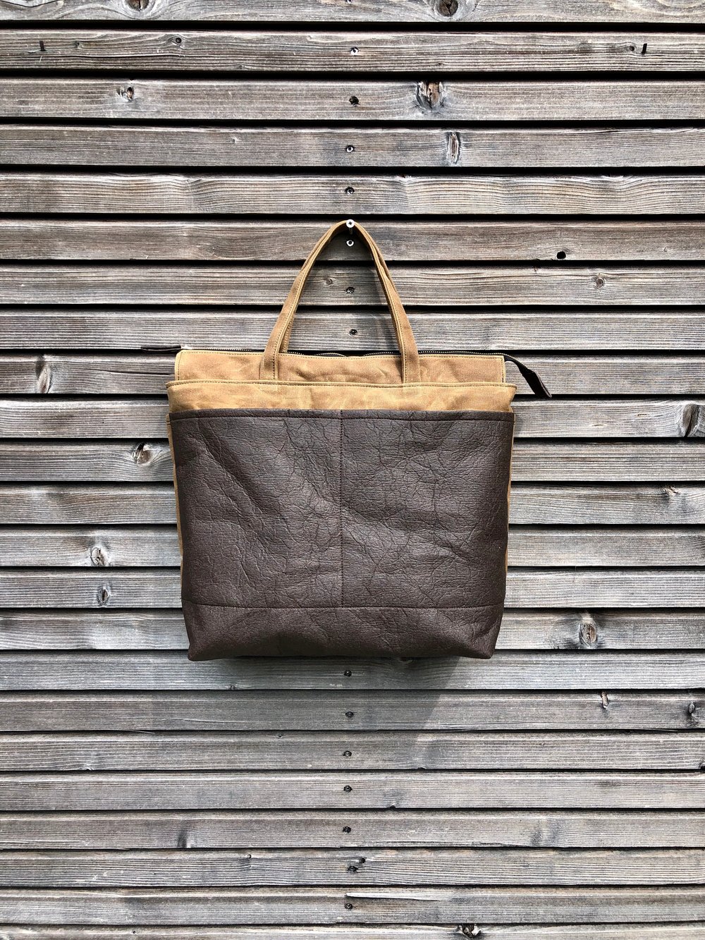 Image of Vegan large tote bag in brown Piñatex™ and waxed canvas office tote laptop tote bag 