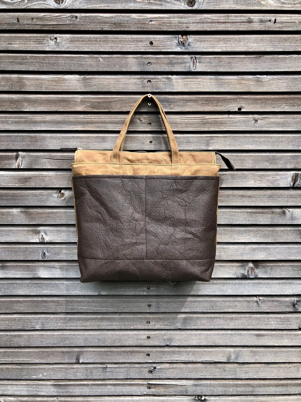 Image of Vegan large tote bag in brown Piñatex™ and waxed canvas office tote laptop tote bag
