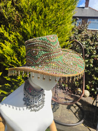 Image 2 of Dolly cowboy hat - recycled sari fabric Dark Green pearls