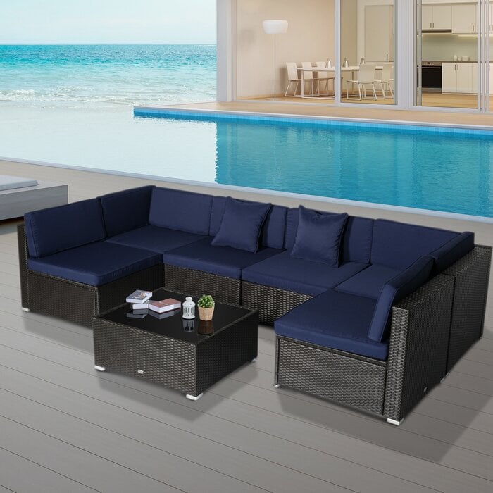Mazie 7 Piece Rattan Sectional Seating Group With Cushions Patio