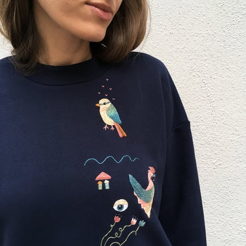 Image of Life after humans, hand embroidered 100% organic cotton sweatshirt in dreamy navy color