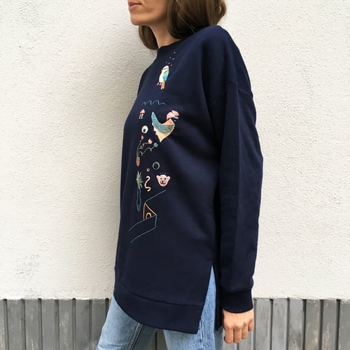 Image of Life after humans, hand embroidered 100% organic cotton sweatshirt in dreamy navy color