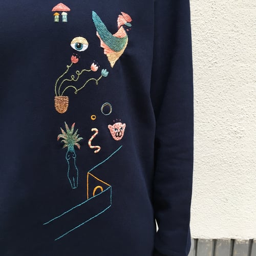 Image of Life after humans, hand embroidered 100% organic cotton sweatshirt in dreamy navy color