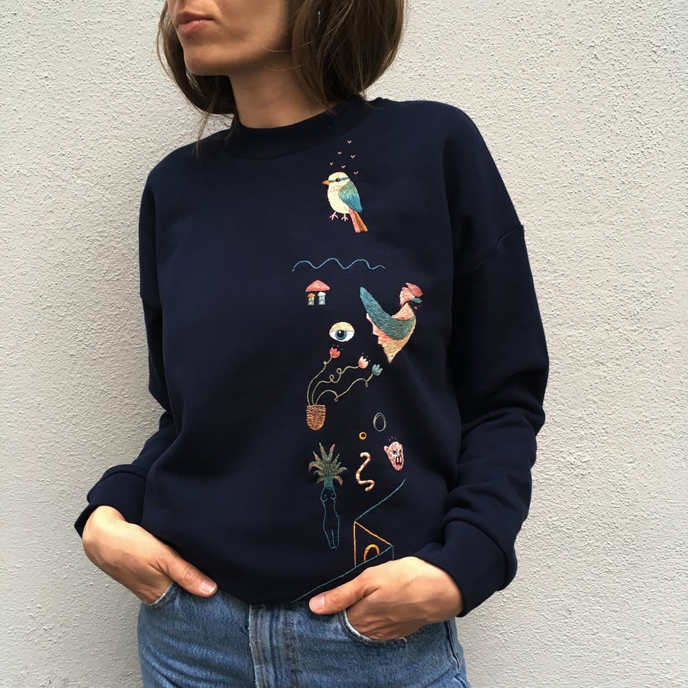 Image of Life after humans, hand embroidered 100% organic cotton sweatshirt in dreamy navy color