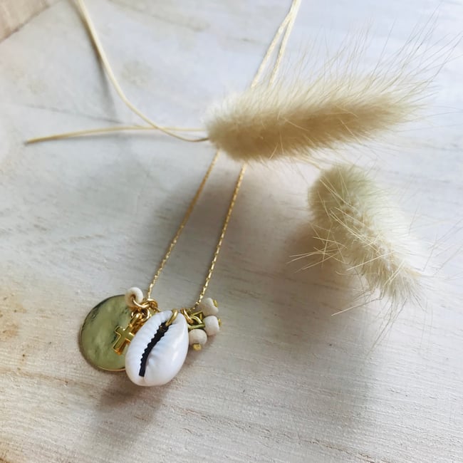 MADDY | Collier grigri coquillage mini perles bois & mini croix
