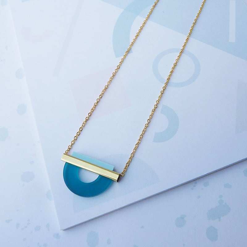 Image of Drop Curve Necklace Teal & Pale Blue