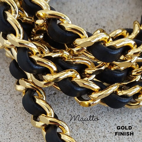 Image of Chain + Black Leather Weave Wrist/Accessory Strap - Gold, Nickel, Gunmetal - Mini Lobster Claw Clasp