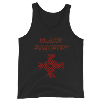 Image 2 of  Men's Black Symmetry tank in blk/red or blk/gold - unisex