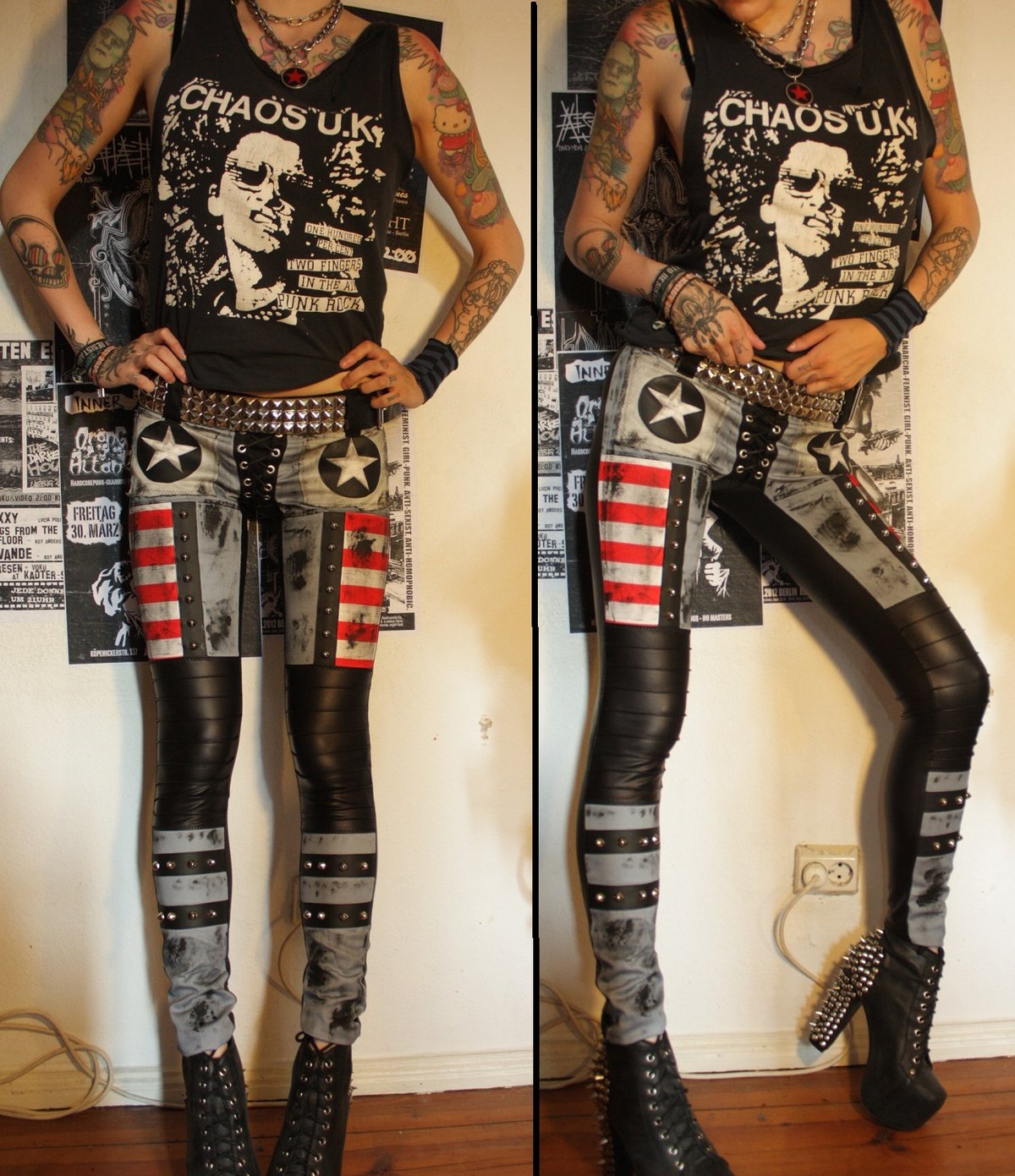 Image of Detailed denim/fauxleather pants with stars and studs