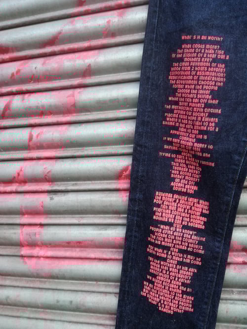 Image of 'What's it all worth?' custom Jeans