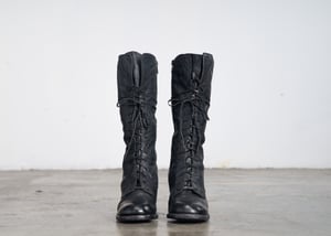 Image of Handcrafted Lace up Leather High Heel Mid-Calf Boots