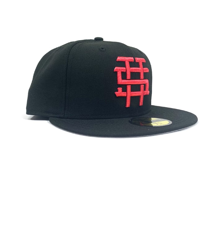 Image of 2520 X NEW ERA MONOGRAM LOGO "T5T" 59FIFTY FITTED- BLACK/LAVA RED