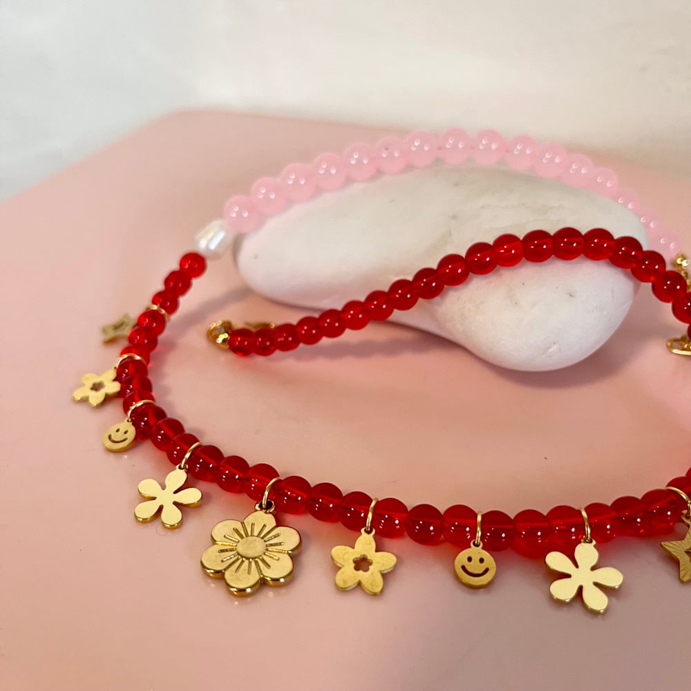 Image of Red and Pink Beaded Necklace with Gold Flower Charms