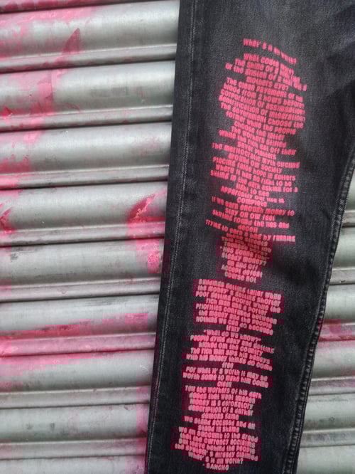 Image of 'What's it all worth?' Custom black Levi's