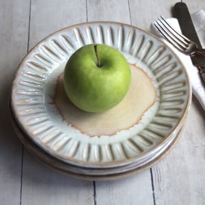 Image of Rustic Hand Carved Side Plates in White and Ocher Glaze, Set of Four Side Plates, Made in USA