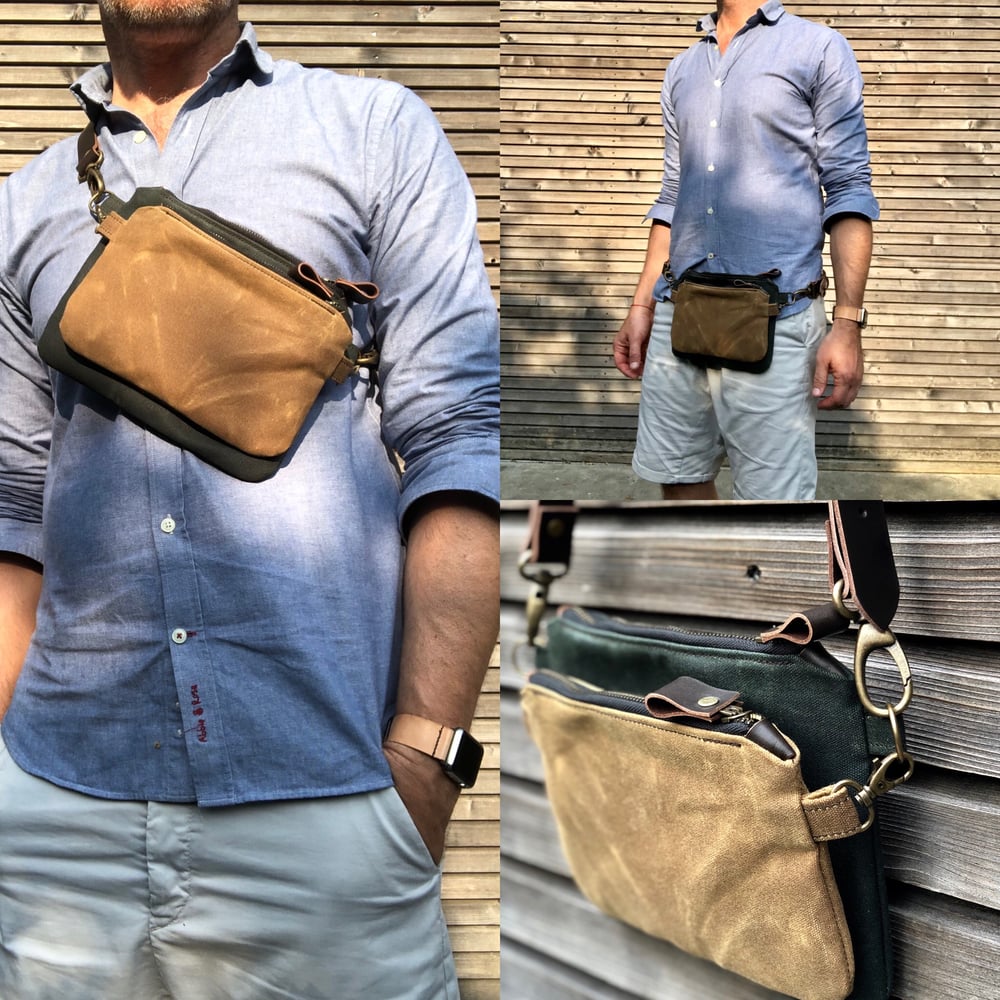 Image of Waxed canvas fanny pack / belt bag / small messenger bag/ kangaroo bag with leather shoulder strap